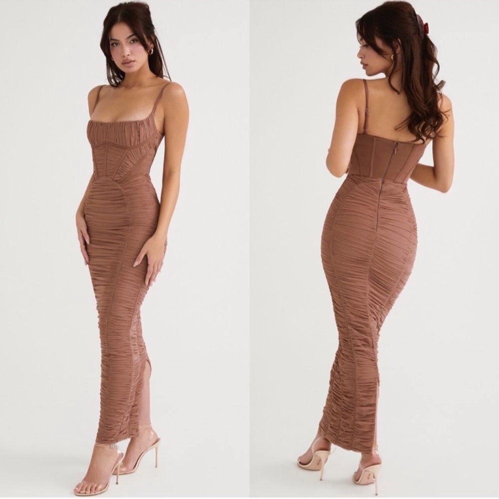 House of CB Brown Ruched Maxi Dress